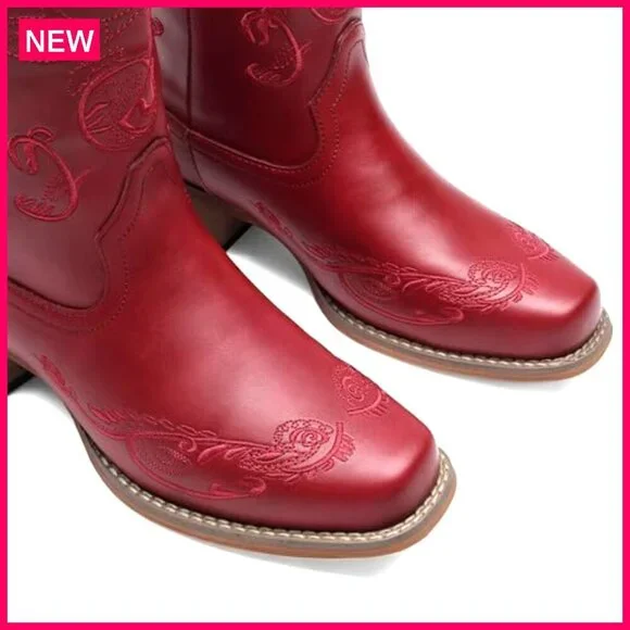 Women's Square Toe Cowboy Boots Mid Calf Chunky Heel Embroidered Western - Picture 7 of 8